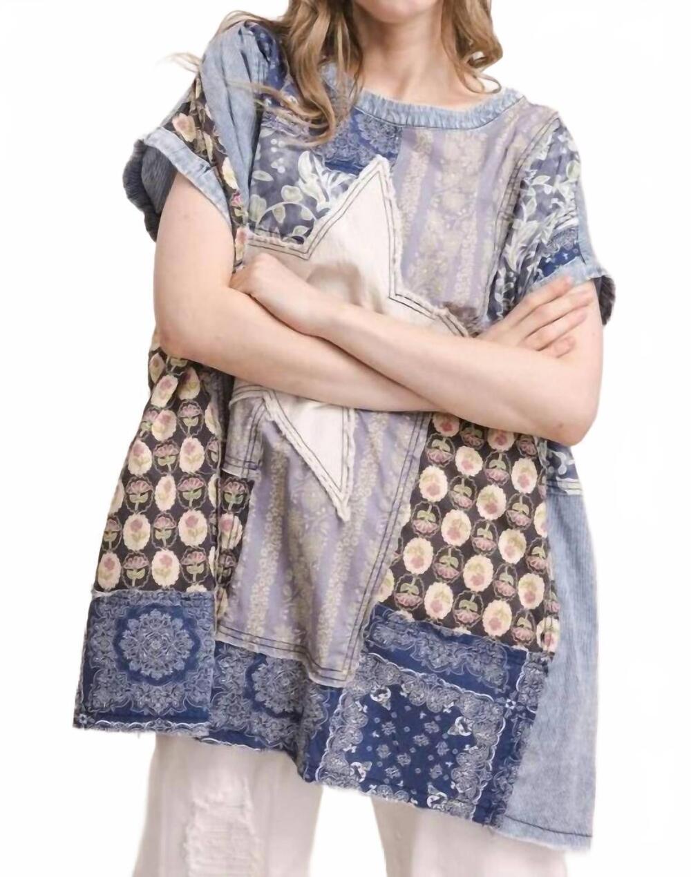 NEW BLUE VELVET star patchwork boho oversize top in multi